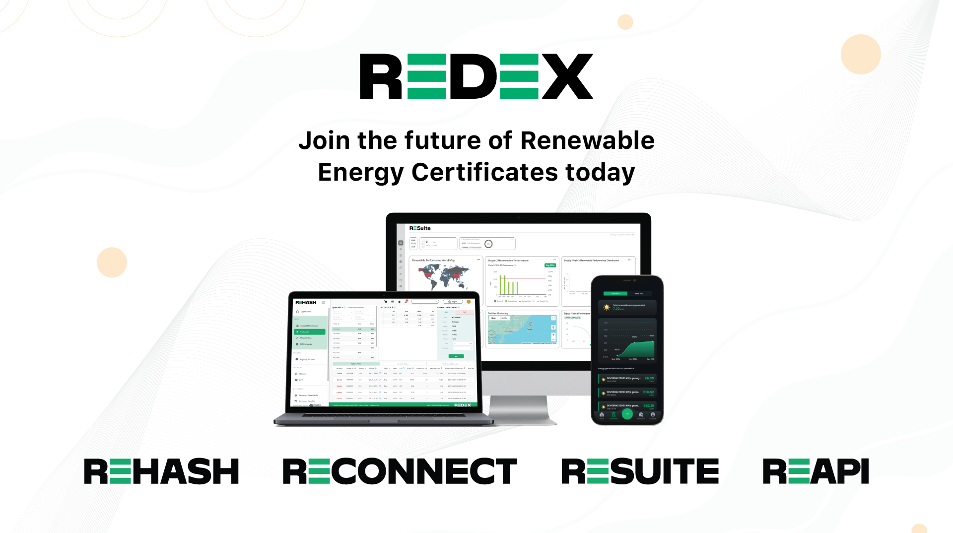 Call-to-action image promoting REDEX solutions: REHASH, RECONNECT, RESUITE, REAPI - the future of renewable energy.